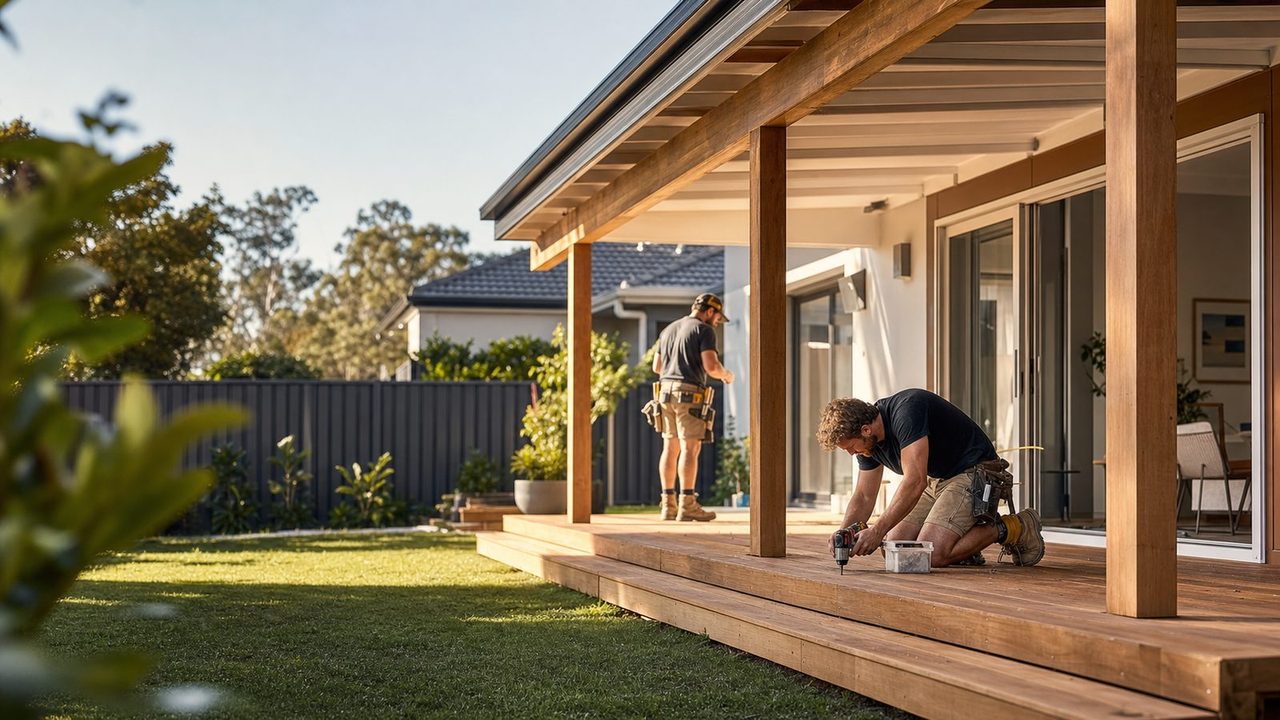 Illustrative timber deck and covered patio beside wide house doors